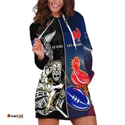 Custom New Zealand And France Rugby Hoodie Dress All Black With Les Bleus Together World Cup
