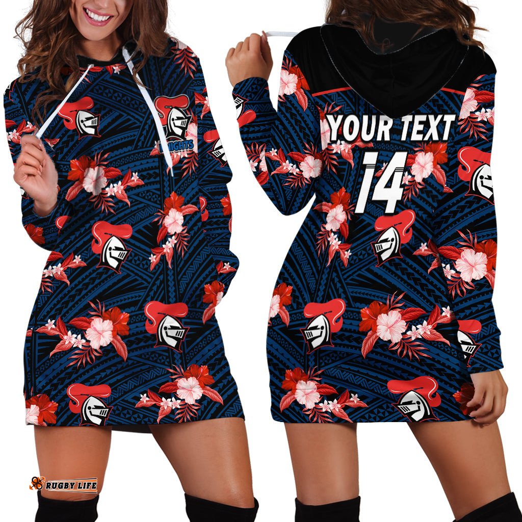 Custom Text And Number Newcastle Knights Rugby Hoodie Dress Polynesian Tribal Mix Tropical Hawaiian Style