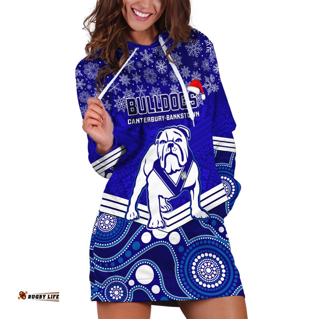 Custom Bulldogs Rugby Christmas Hoodie Dress Merry Xmas Mix Aboriginal Art