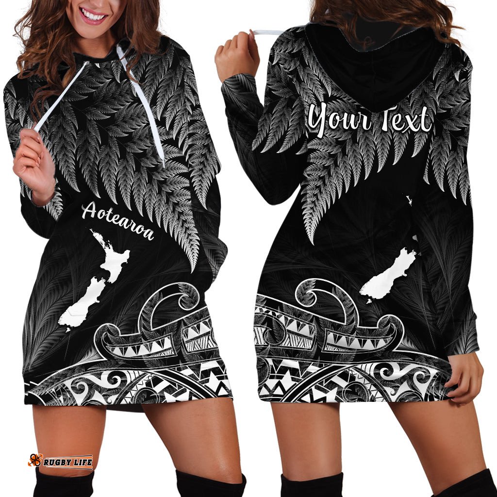 Custom Personalised New Zealand Silver Fern Hoodie Dress Aotearoa Map Maori 03