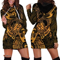New Zealand Tuatara Hoodie Dress Aotearoa Maori Clematis Flowers Gold