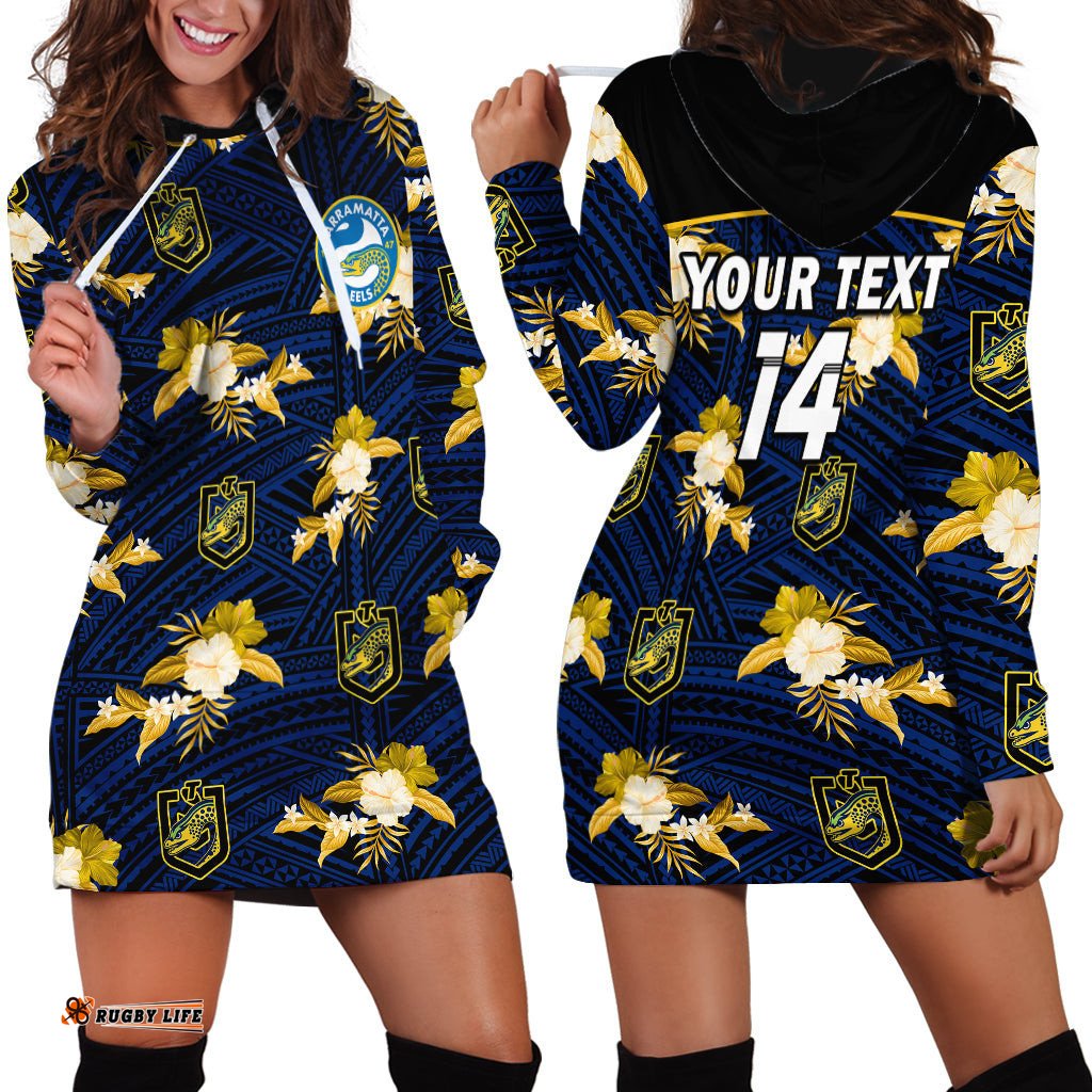 Custom Text And Number Parramatta Eels Rugby Hoodie Dress Polynesian Tribal Mix Tropical Hawaiian Style