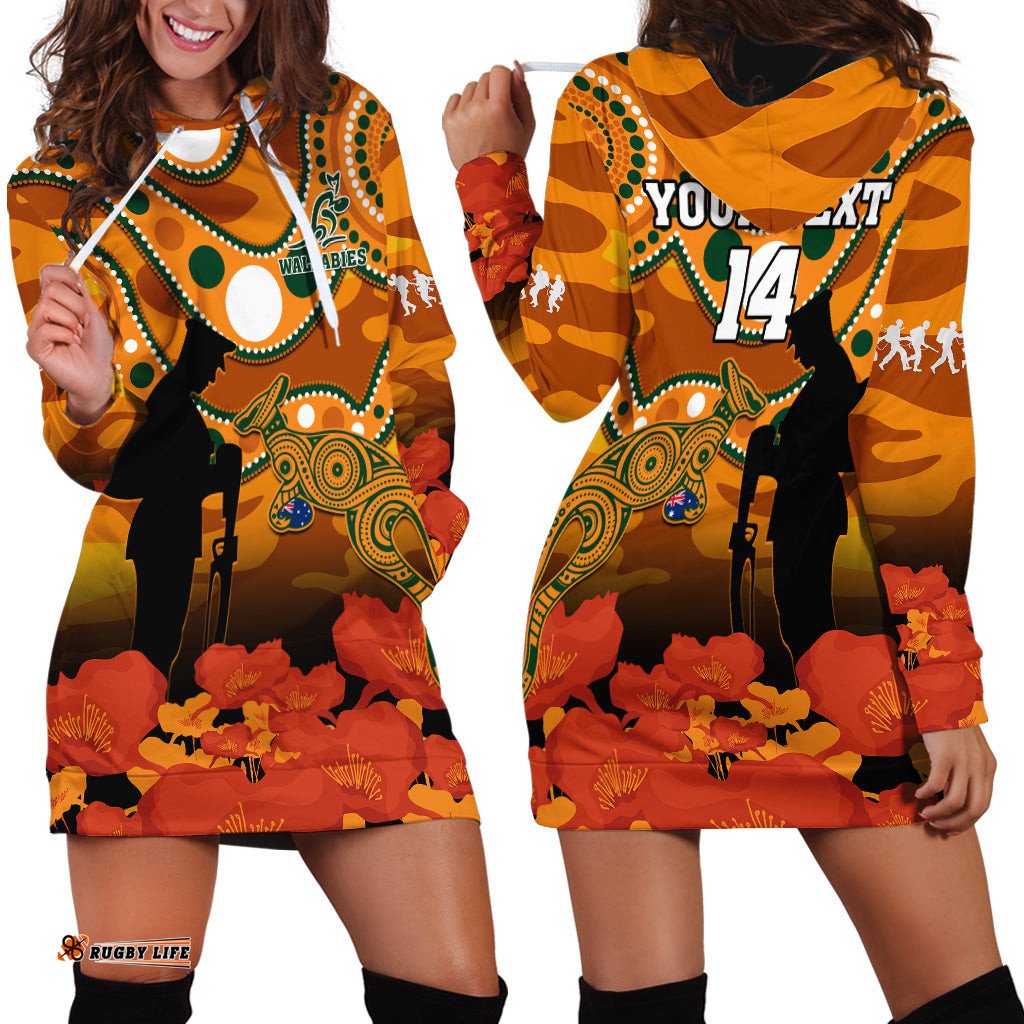 Custom Text And Number Wallabies Rugby ANZAC Hoodie Dress Aboriginal Camouflage Lest We Forget