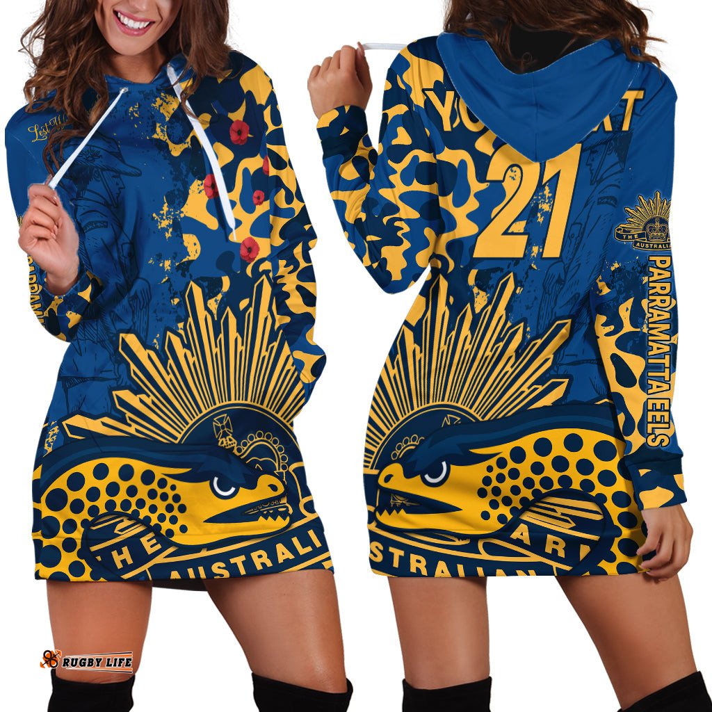 Custom Text And Number NRL ANZAC Parramatta Eels Hoodie Dress Camouflage