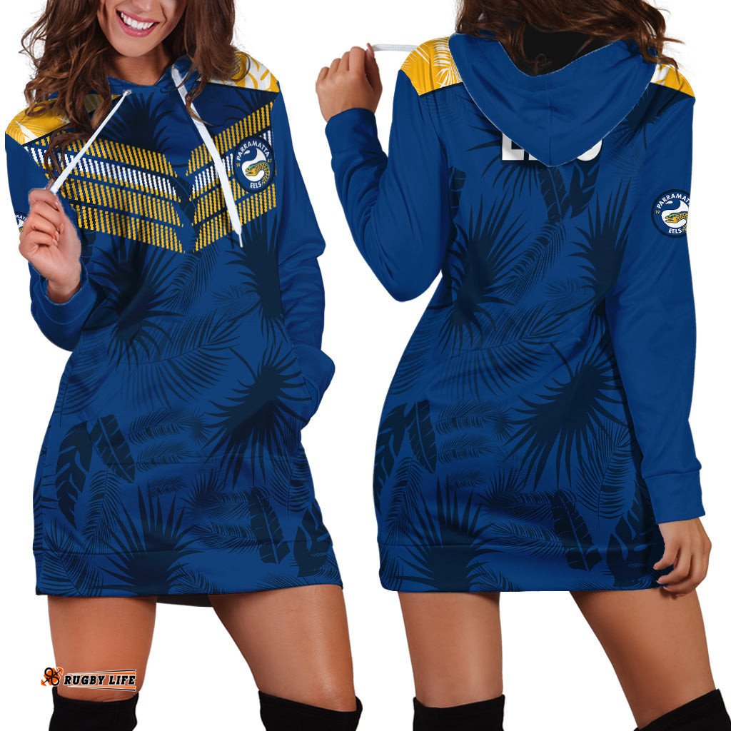 Parramatta Eels Rugby Hoodie Dress Simple Hawaiian Palms Leaf