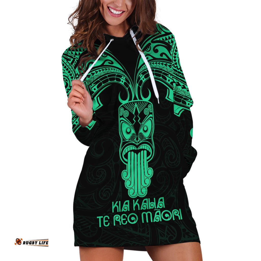 Personalised New Zealand Te Reo Maori Hoodie Dress Kia Kaha Maori Language Week Green Style
