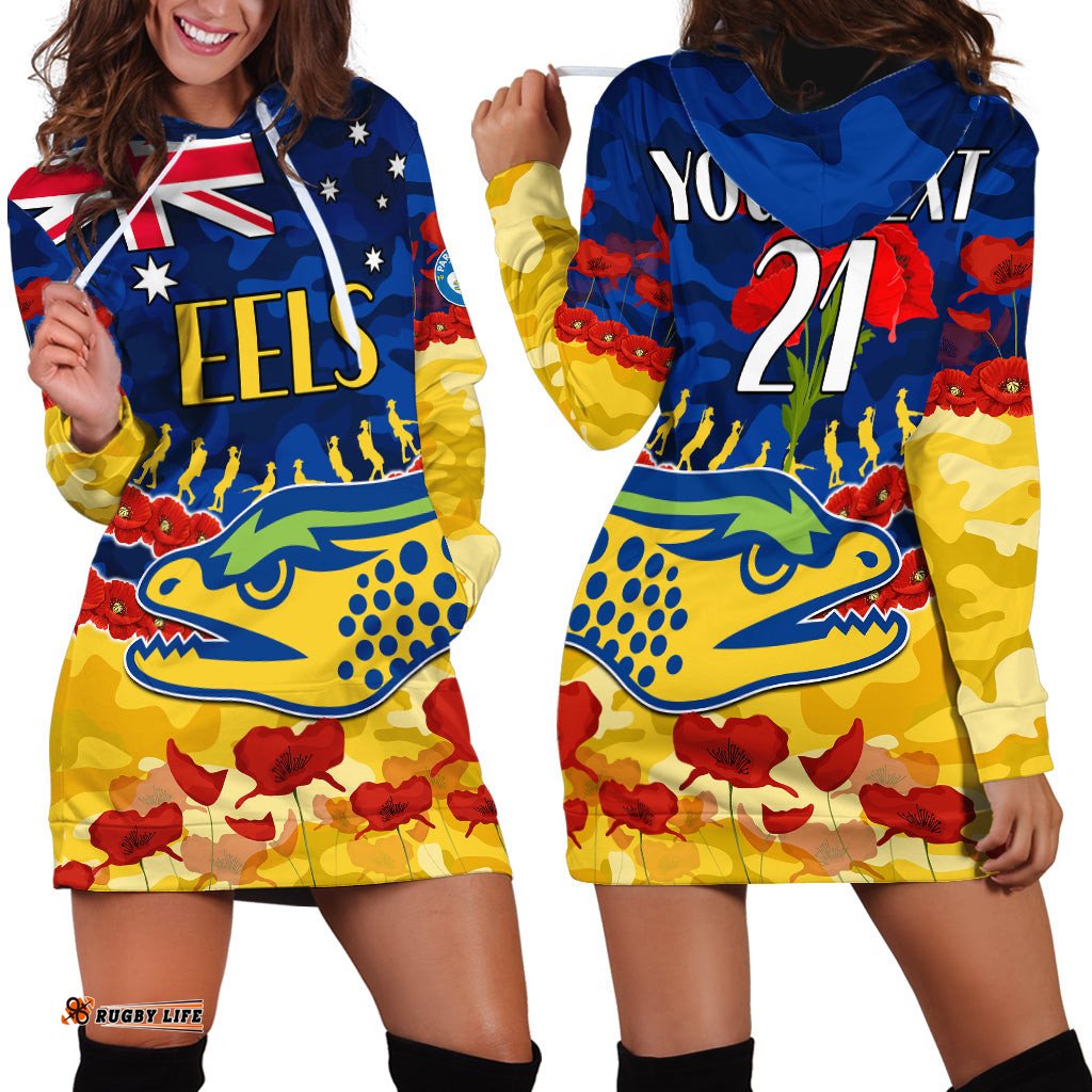 Custom Text And Number Eels Rugby ANZAC Hoodie Dress Lest We Forget