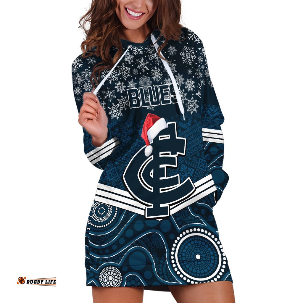 Custom Blues Football Christmas Hoodie Dress Merry Xmas Mix Aboriginal Art