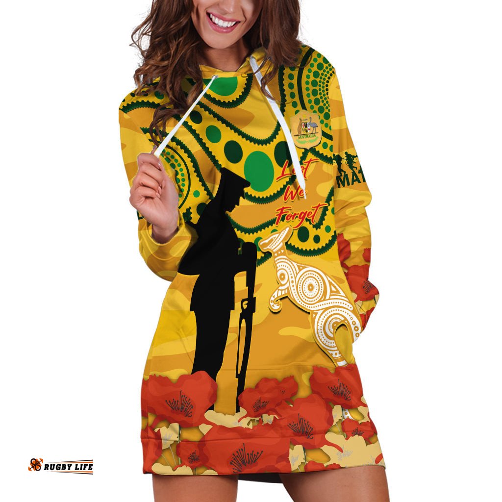 Custom Matildas ANZAC Day Hoodie Dress Lest We Forget Poppies Mix Camouflage Gold