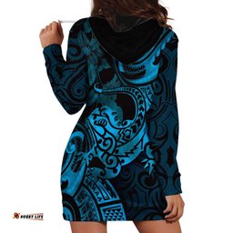 New Zealand Tuatara Hoodie Dress Aotearoa Maori Clematis Flowers Blue