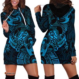 New Zealand Tuatara Hoodie Dress Aotearoa Maori Clematis Flowers Blue