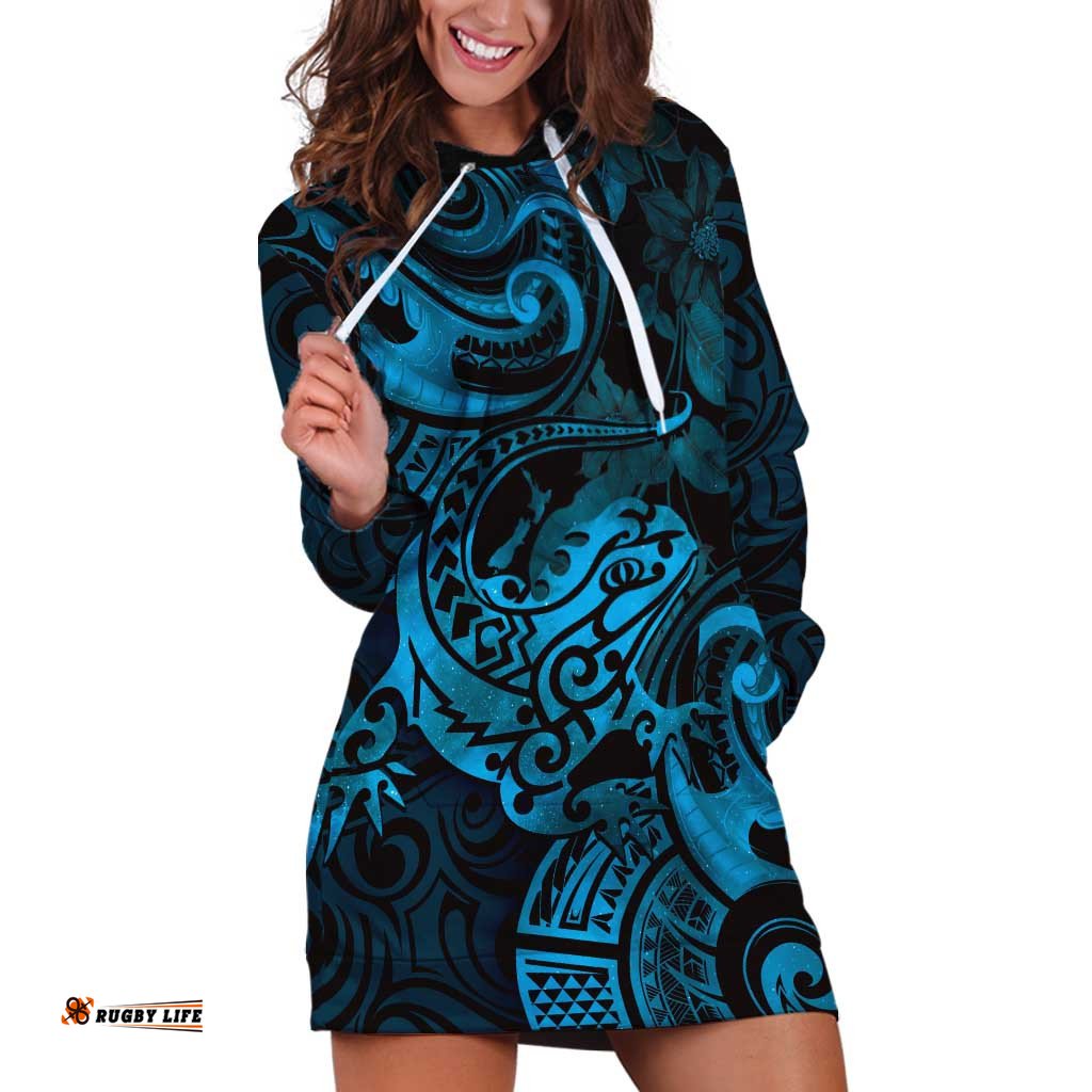 New Zealand Tuatara Hoodie Dress Aotearoa Maori Clematis Flowers Blue