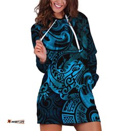 New Zealand Tuatara Hoodie Dress Aotearoa Maori Clematis Flowers Blue