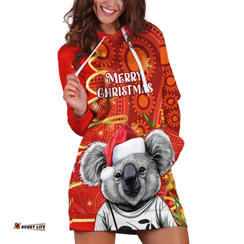 Personalised Australia Koala Christmas Hoodie Dress Aboriginal Art With Golden Wattle