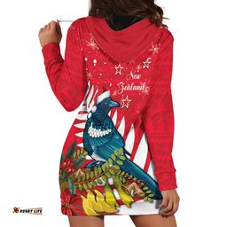 New Zealand Christmas In July Hoodie Dress Tui Bird With Kowhai Meri Kirihimete