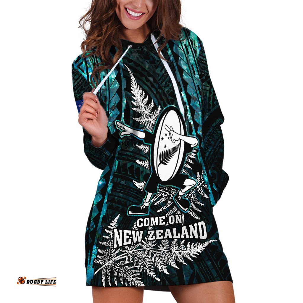 New Zealand Silver Fern Rugby Hoodie Dress Aotearoa All Black Dabbing Ball With Maori Paua Shell