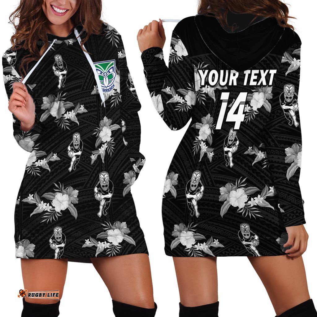 Custom Text And Number Warriors Rugby Hoodie Dress NZ Polynesian Tribal Mix Tropical Hawaiian Style