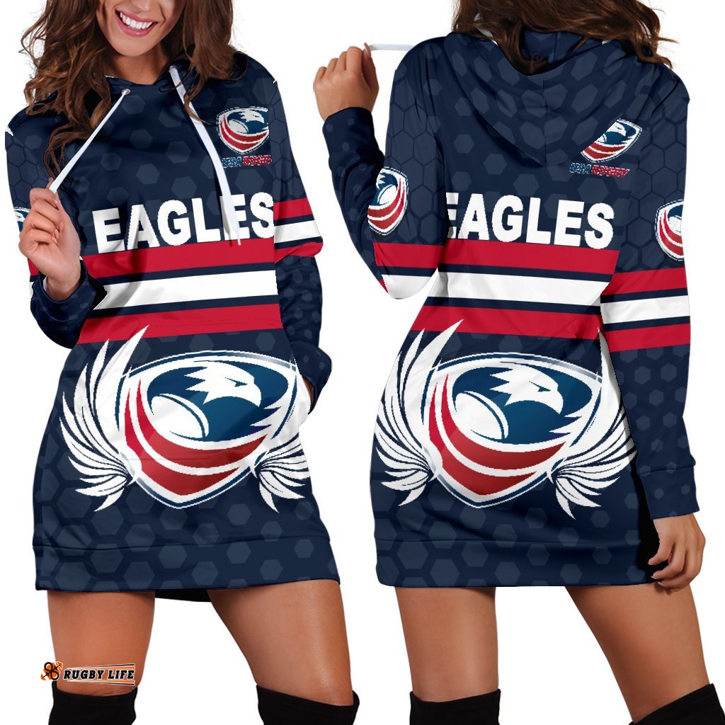 USA Rugby Women's Hoodie Dress Eagles Simple Style Full Navy