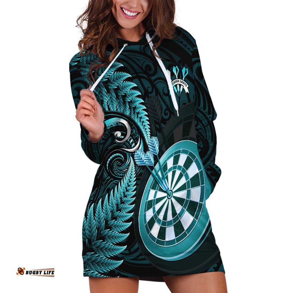 Personalised New Zealand Darts Hoodie Dress Happiness Is A Tight Threesome Maori Turquoise