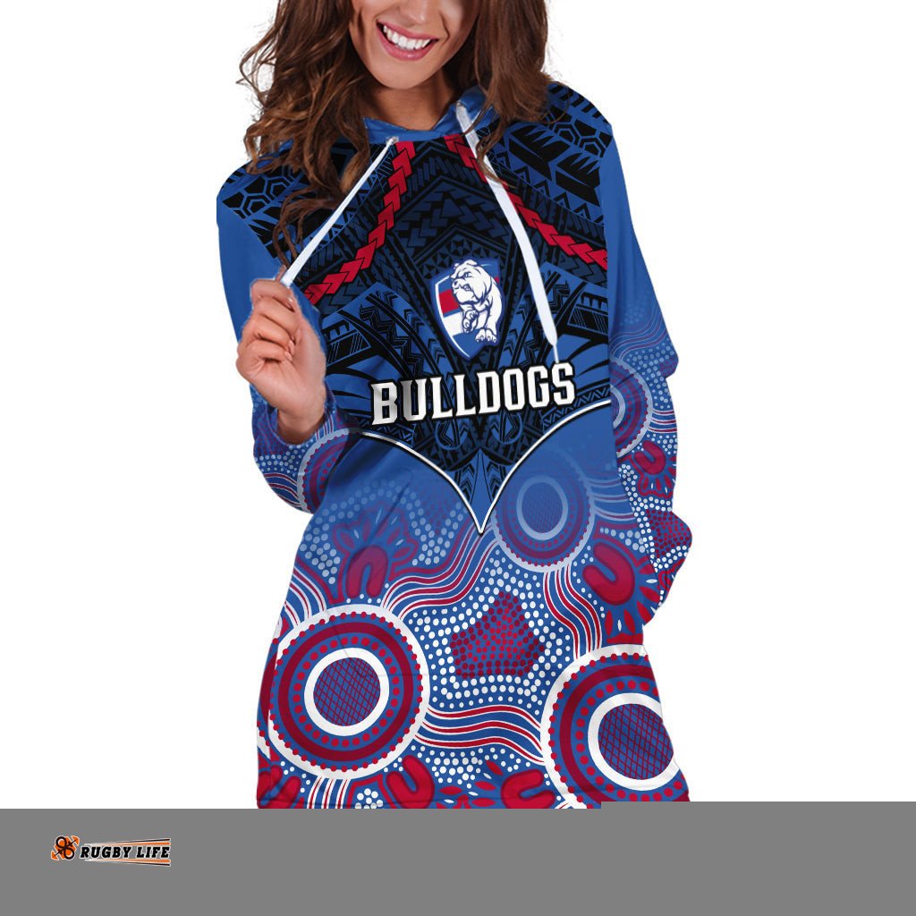 Personalised Bulldogs Football Hoodie Dress Doggies Aboriginal Mix Polynesian Pattern