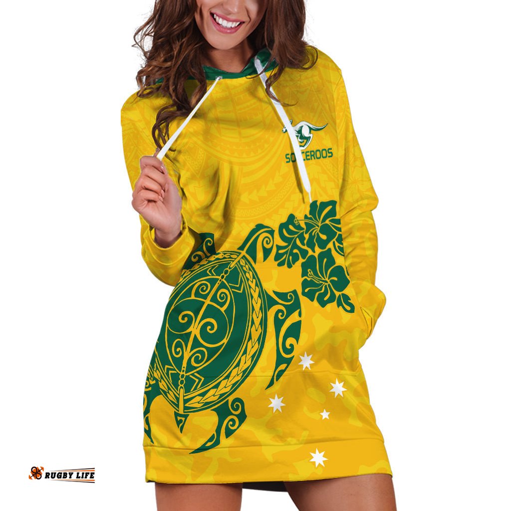 Custom Australia Soccer Hoodie Dress Socceroos Hibiscus and Turtle With Polynesian Pattern