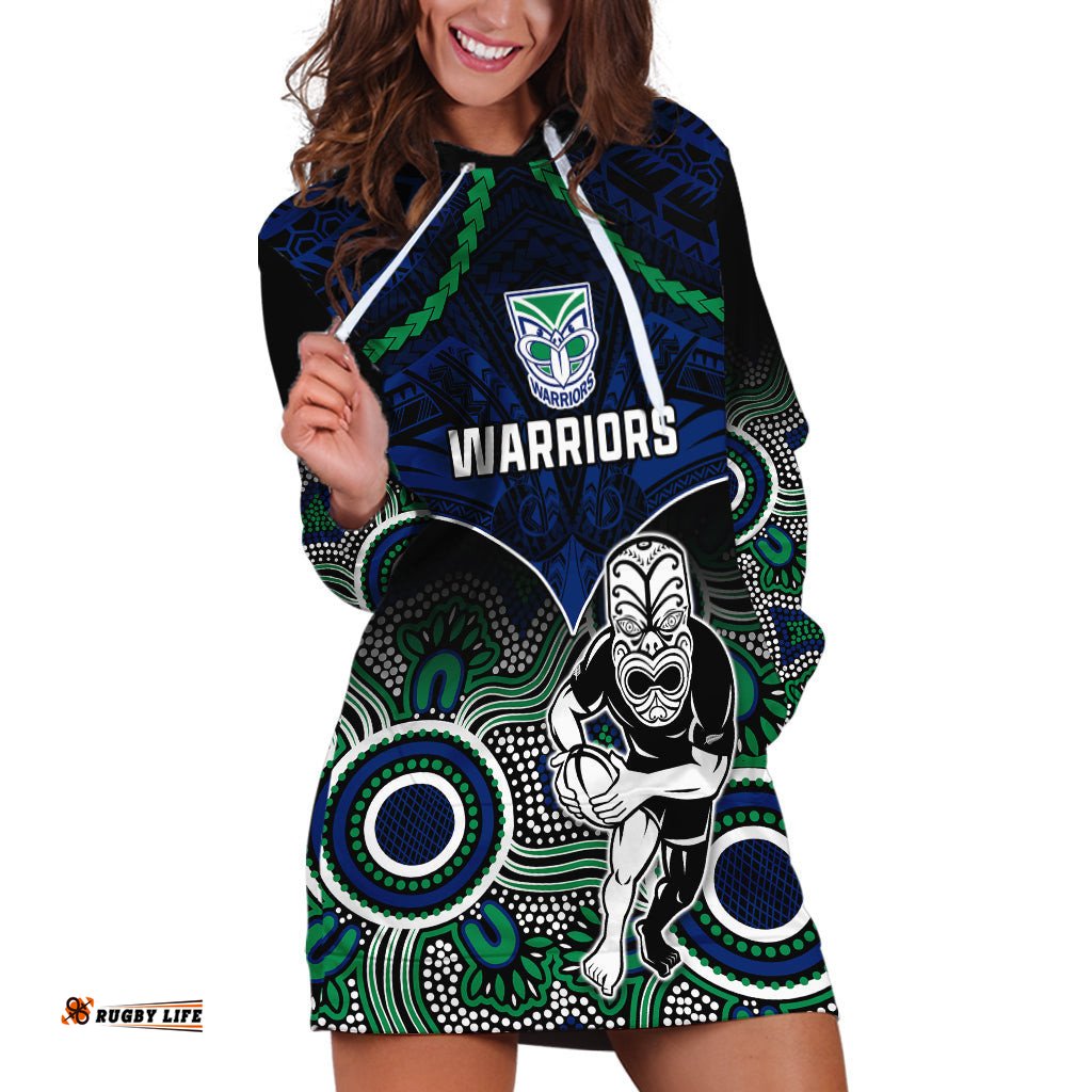 Personalised Warriors Rugby Hoodie Dress NZ Aboriginal Mix Polynesian Pattern