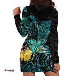 New Zealand Fantail Bird Hoodie Dress Maori Piwakawaka Kowhai Paua Shell Pattern