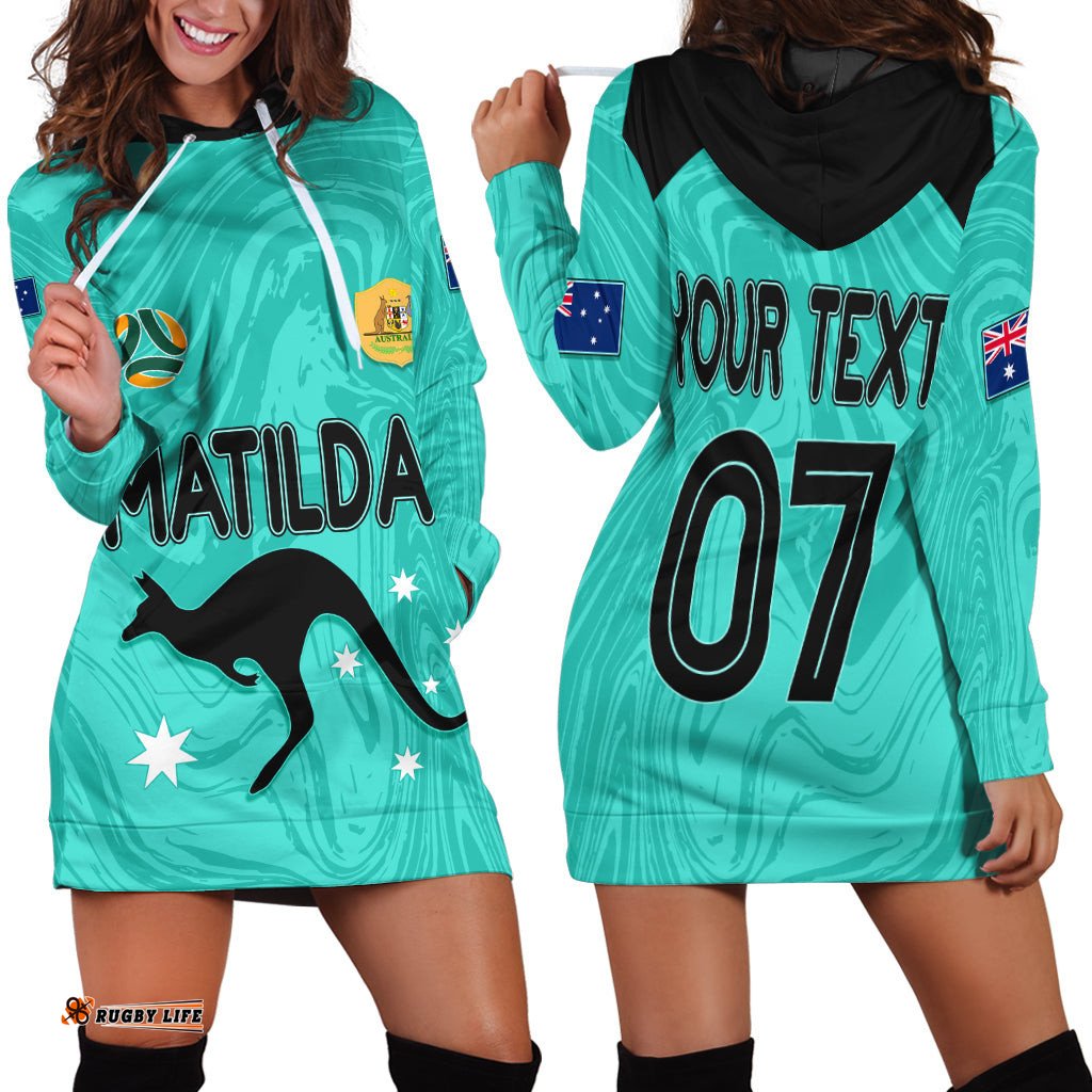 Personalised Aussie Matildas Hoodie Dress Women World Cup Marble Patterns Turquoise