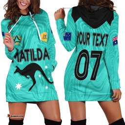 Personalised Aussie Matildas Hoodie Dress Women World Cup Marble Patterns Turquoise