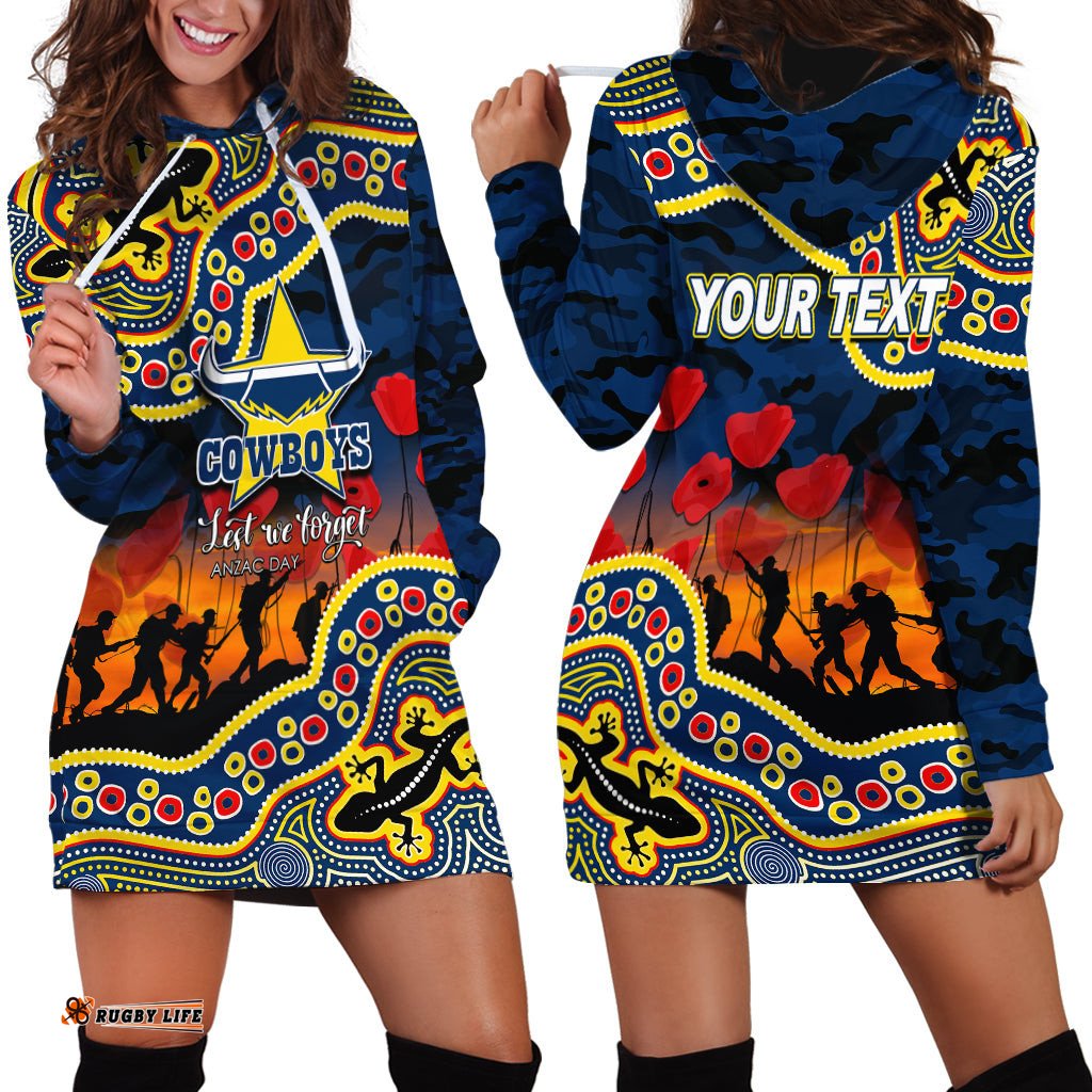 Custom Personalised Anzac Day NRL Cowboys Hoodie Dress Aboriginal Lizard Patterns