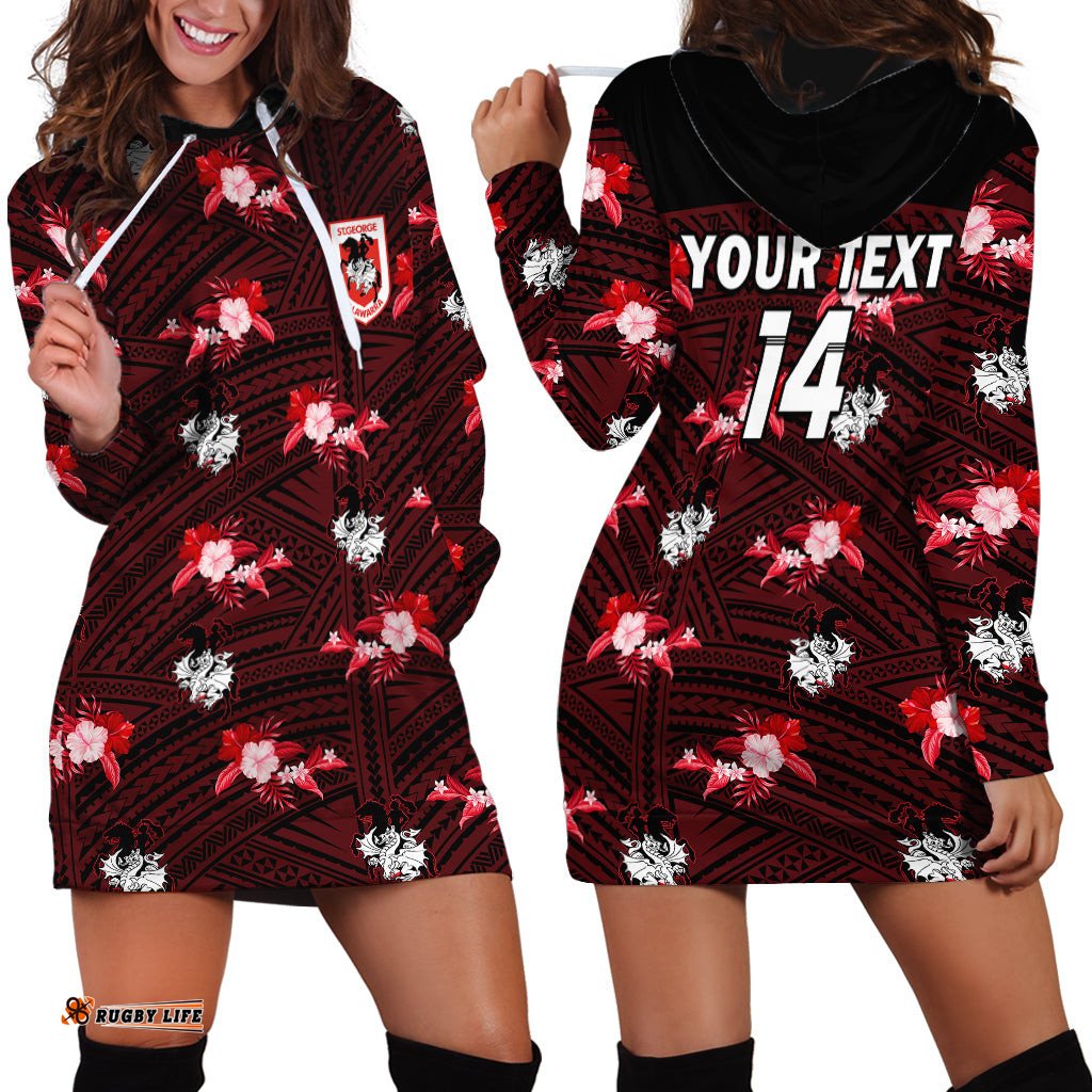 Custom Text And Number Dragons Rugby Hoodie Dress Polynesian Tribal Mix Tropical Hawaiian Style
