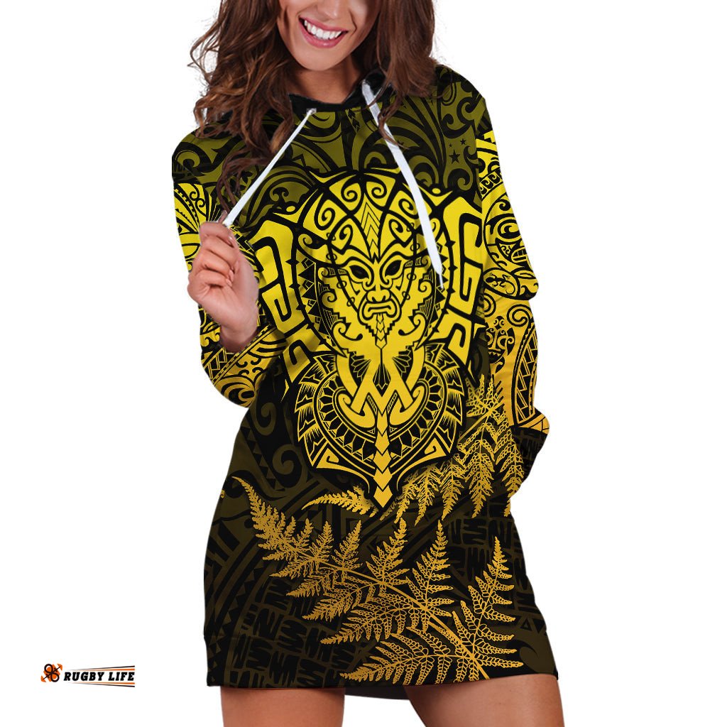 New Zealand Rugby Hoodie Dress Silver Fern All Black Mix Ta Moko Gold Style 01