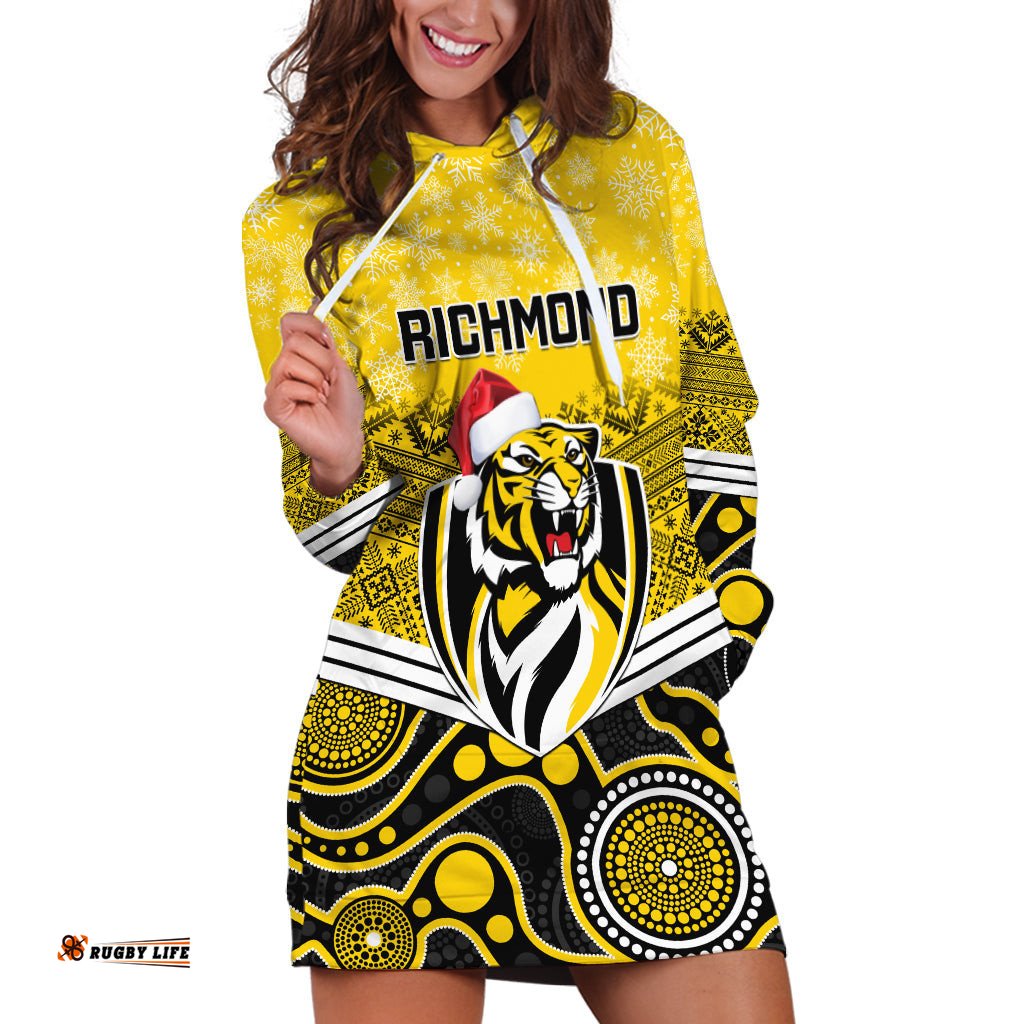 Custom Richmond Football Christmas Hoodie Dress Merry Xmas Mix Aboriginal Art