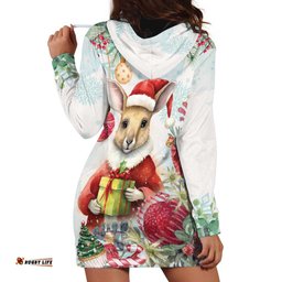 Australia Christmas Hoodie Dress Kangaroo Santa With Aussie Flower Watercolor