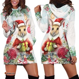 Australia Christmas Hoodie Dress Kangaroo Santa With Aussie Flower Watercolor