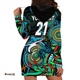 Custom Sharks Rugby Aboriginal Art Hoodie Dress NAIDOC Indigenous Tribal