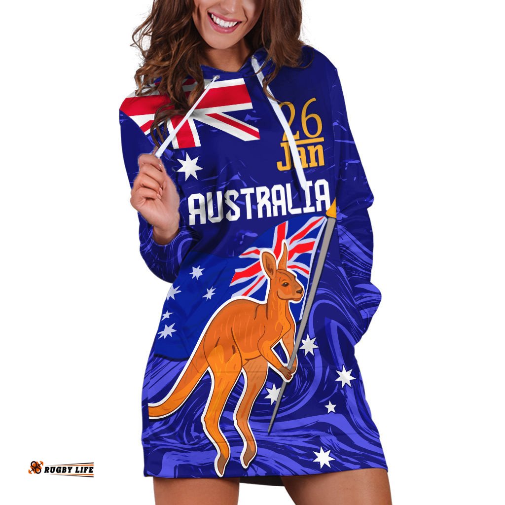 Proud To Be Australia Day Hoodie Dress Kangaroo with Flag Color