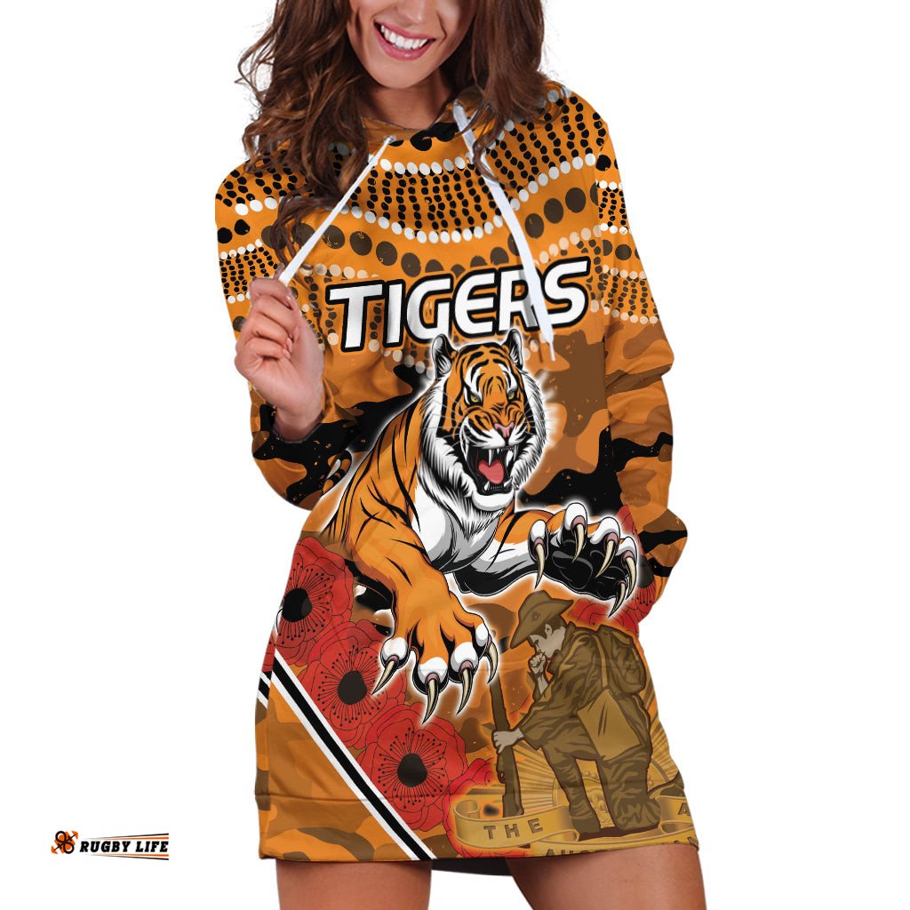 Custom Wests Tigers Rugby ANZAC Hoodie Dress Aboriginal and Army Patterns