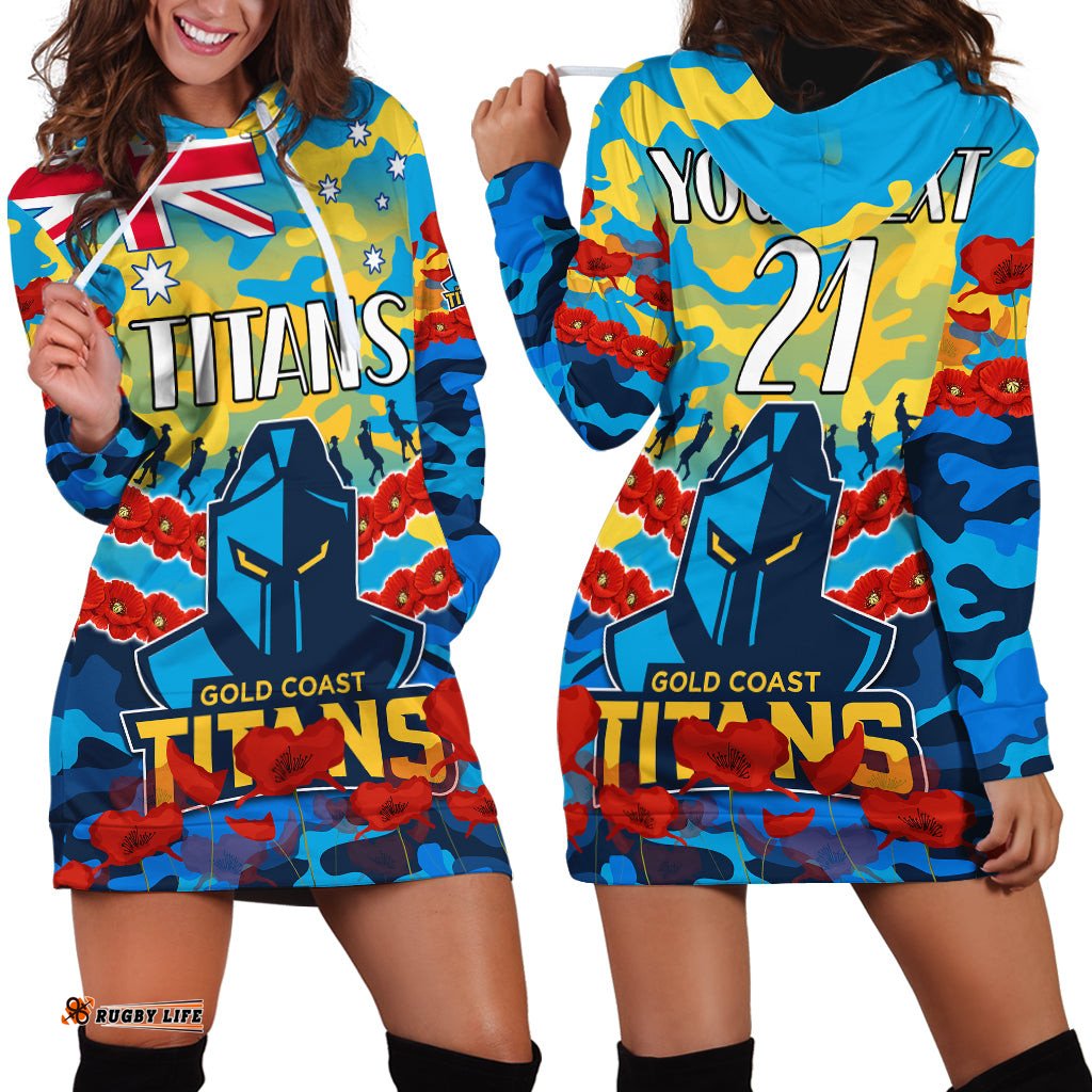 Custom Text And Number Titans Rugby ANZAC Hoodie Dress Lest We Forget