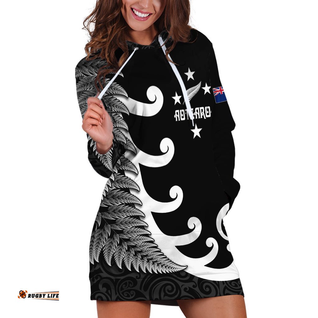 Personalised New Zealand Rugby Hoodie Dress Aotearoa Silver Fern Koru Maori Style