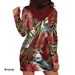 Australia Christmas Hoodie Dress Kookaburra Santa on Red Bottlebrush
