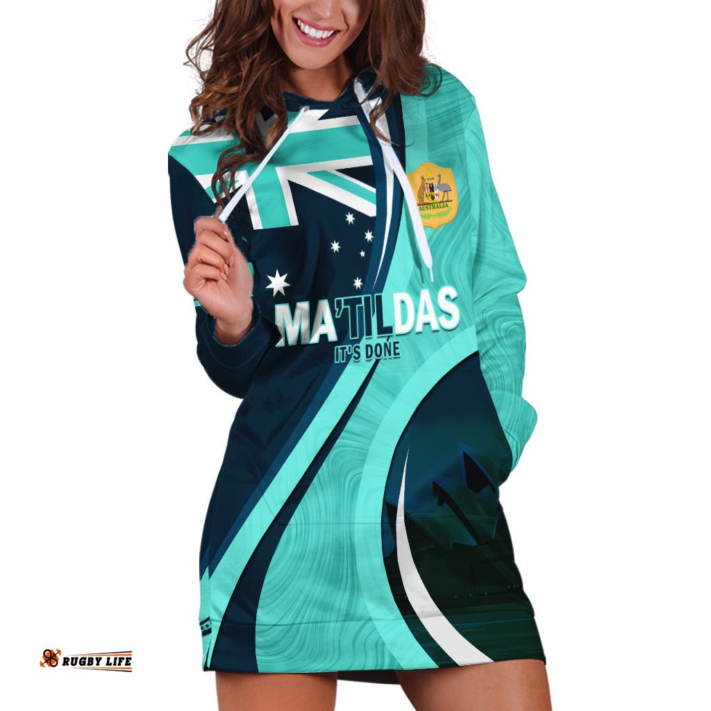Matildas Soccer Hoodie Dress 2024 Happy Australia Day Kangaroo Aussie Proud Turquoise