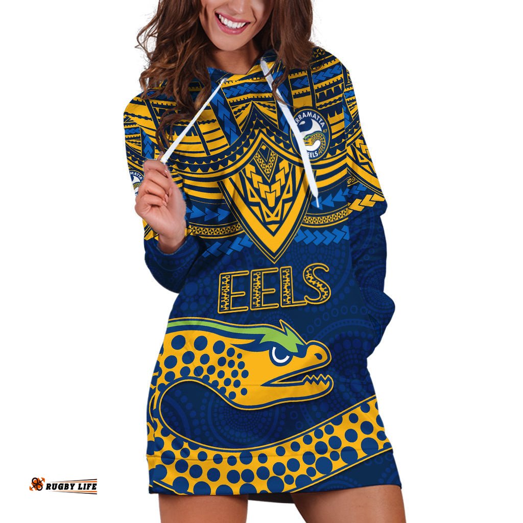 Custom Eels Rugby Hoodie Dress Polynesian and Aboriginal Vibe