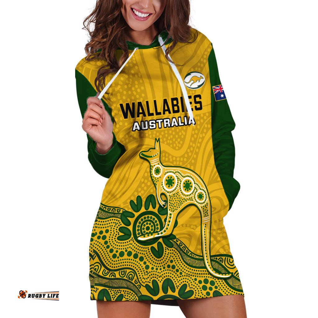 Custom Australia Rugby Hoodie Dress Wallabies Kangaroo Indigenous Art
