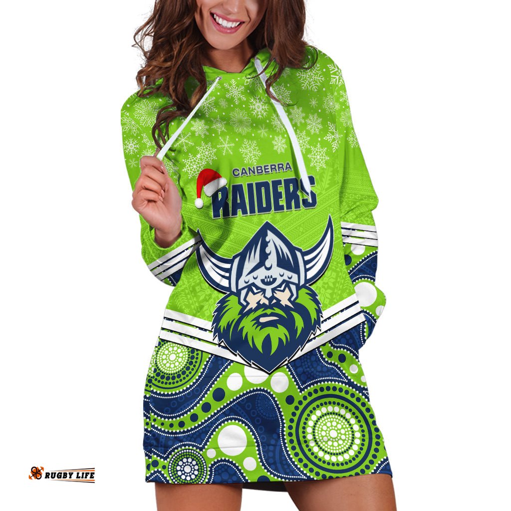 Custom Raiders Rugby Christmas Hoodie Dress Merry Xmas Mix Aboriginal Art