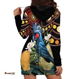 Australia Palm Cockatoo Hoodie Dress Aussie Banksia Aboriginal Pattern