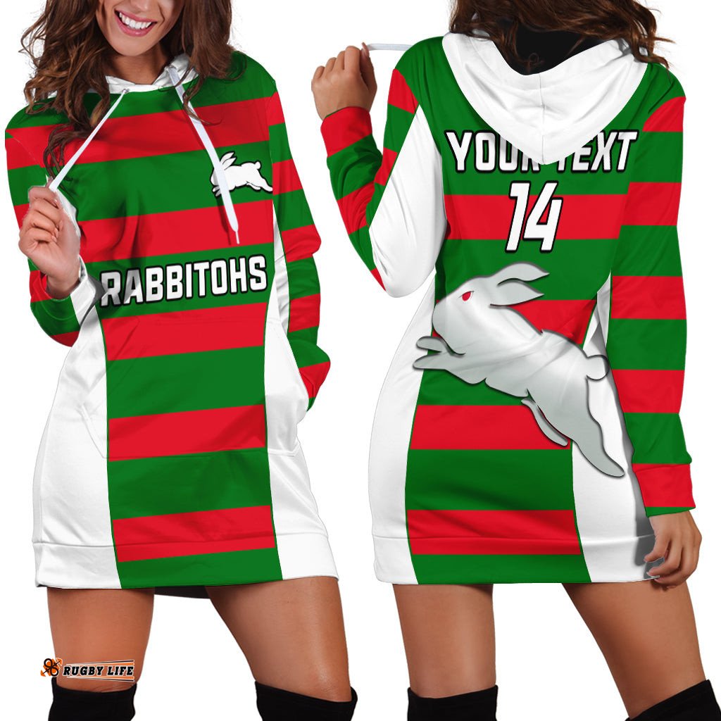 Custom Text And Number Rabbitohs Rugby Hoodie Dress Go Souths 1908 Sporty Style White