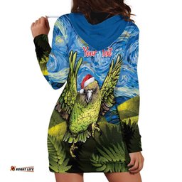 Personalised Jumping Kakapo Christmas Hoodie Dress New Zealand Fern Starry Night Style