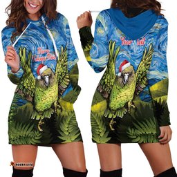 Personalised Jumping Kakapo Christmas Hoodie Dress New Zealand Fern Starry Night Style