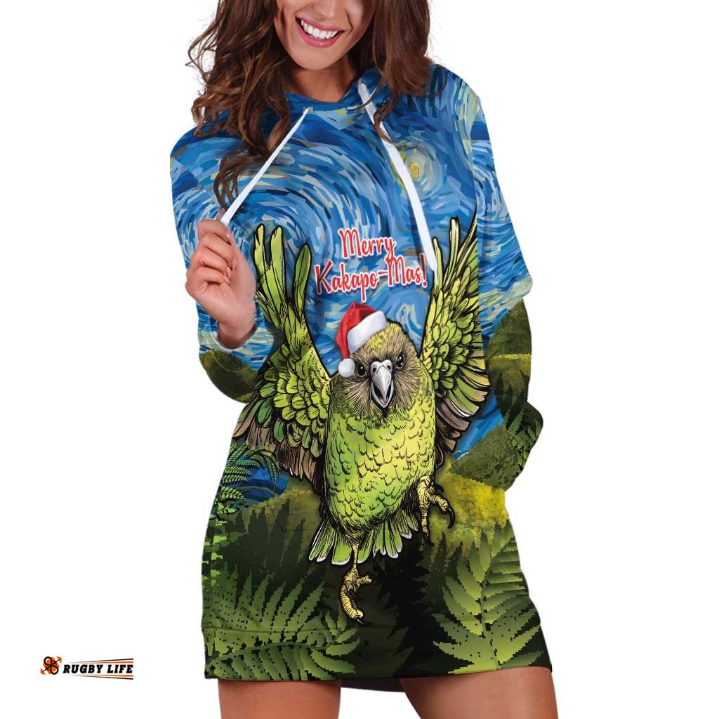 Personalised Jumping Kakapo Christmas Hoodie Dress New Zealand Fern Starry Night Style